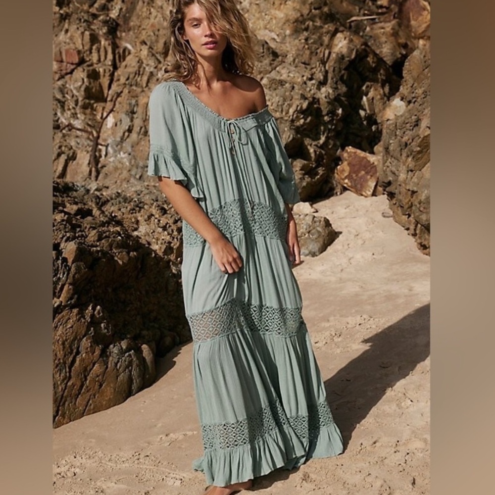 Free People Sage Green Off-Shoulder Maxi Dress